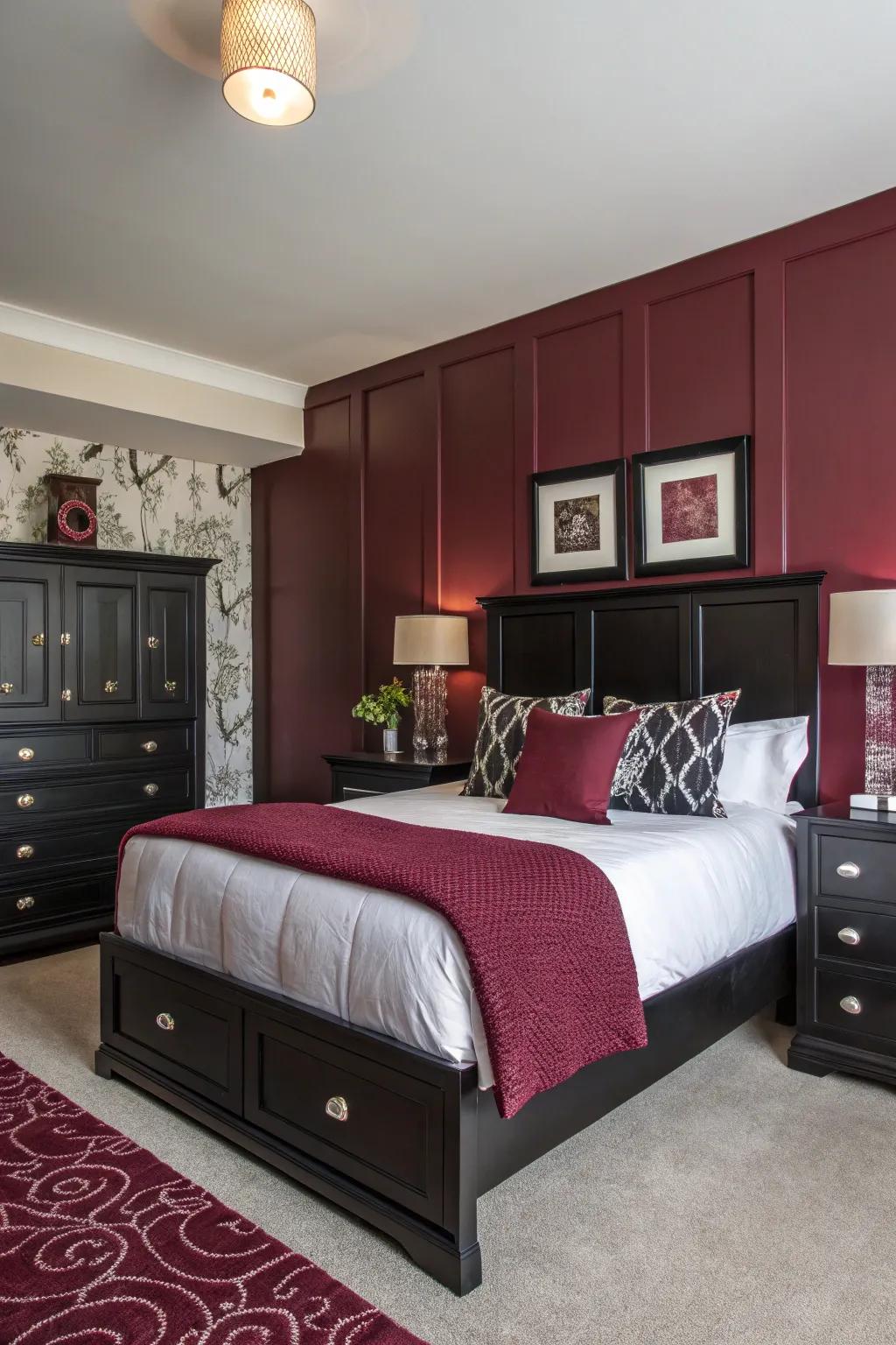 A burgundy feature wall enhances depth and establishes a striking focal point within your bedroom.