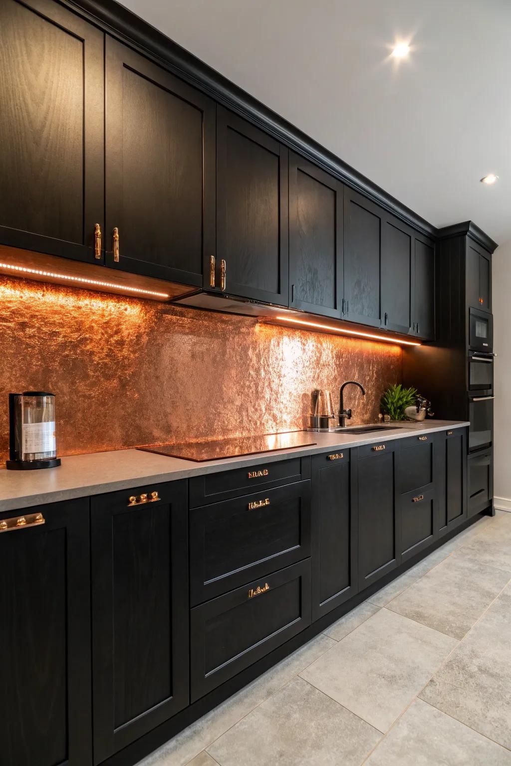 Copper splashbacks imbue sleek black kitchens with texture and a sense of warmth.