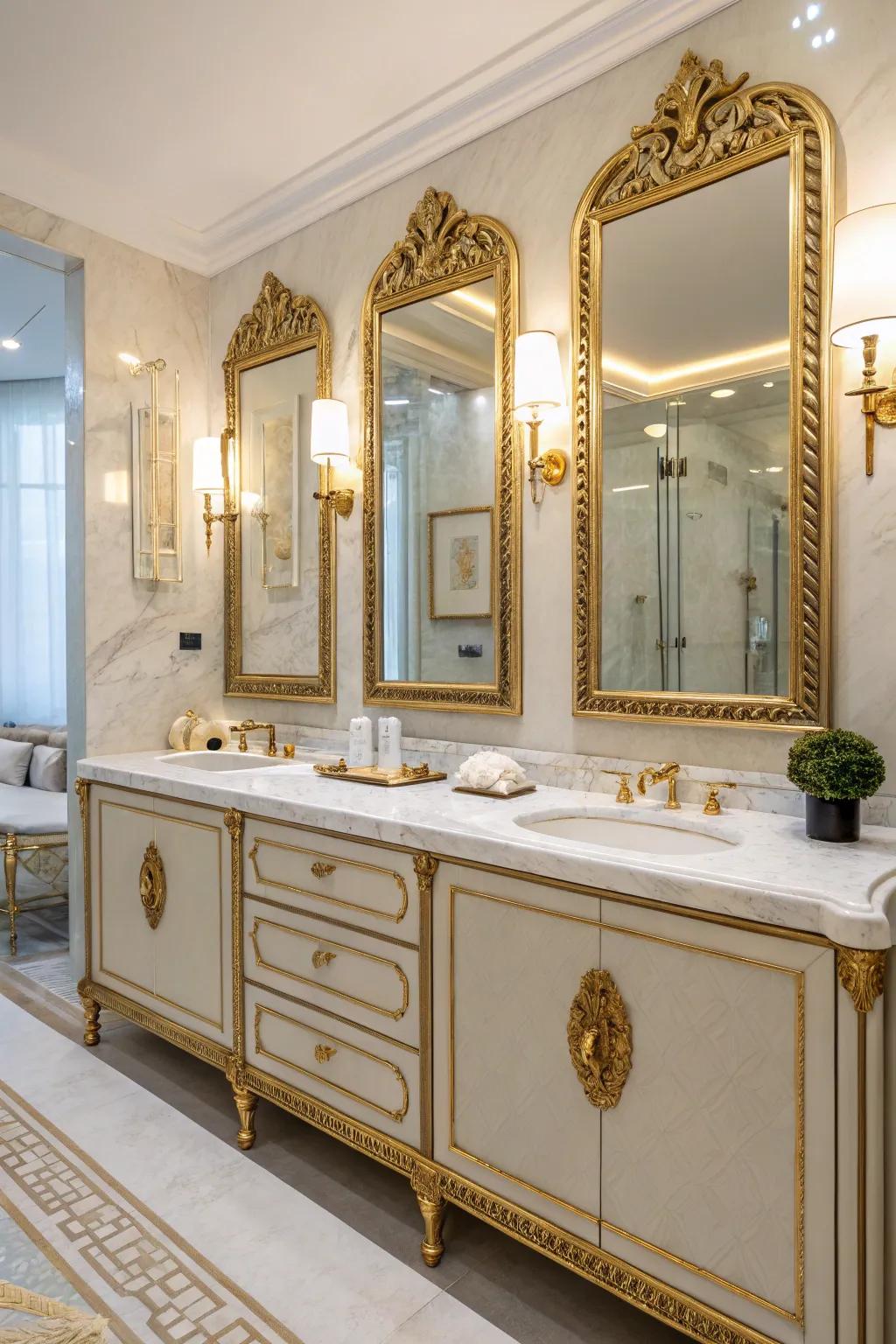 Mirrors framed in gold infuse any bathroom with sophistication and refinement.