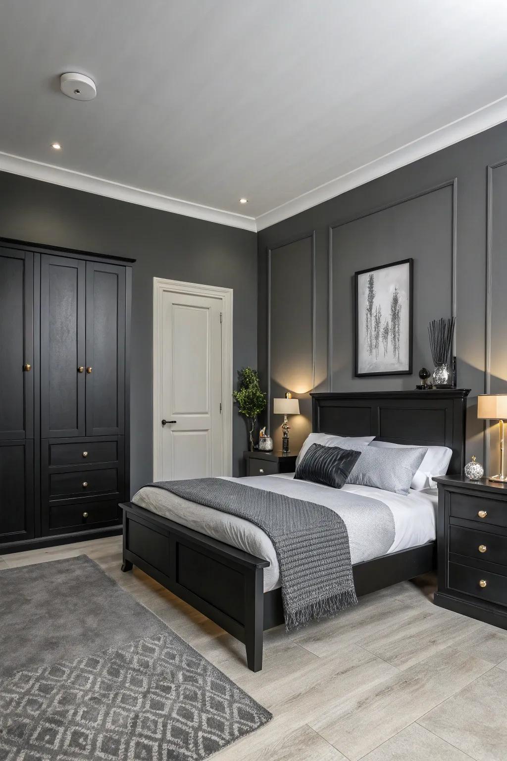 A bedroom with understated grey walls and black furniture for a modern vision.