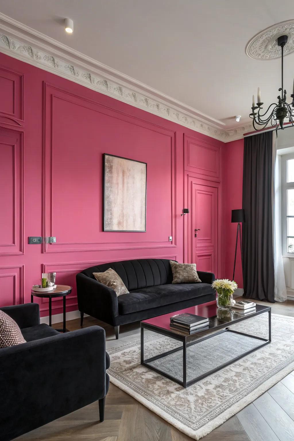 An emphasized pink wall introduces a captivating element that elevates the room’s appeal.