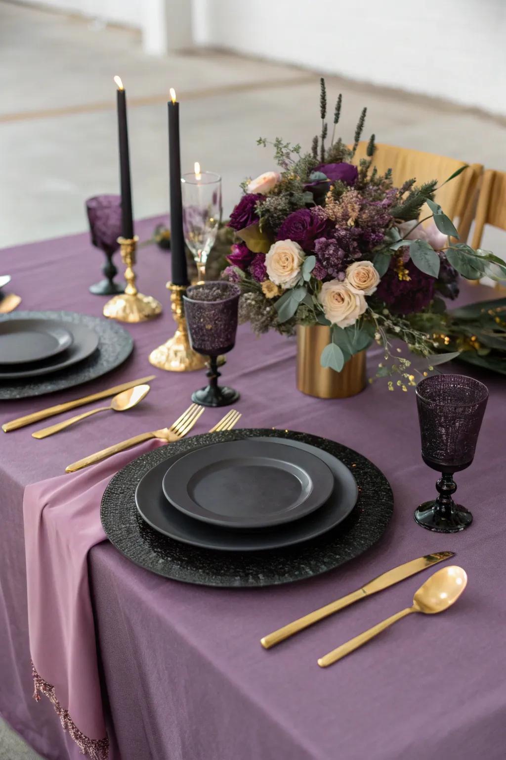 A stylishly set table featuring violet linens and dark tableware.