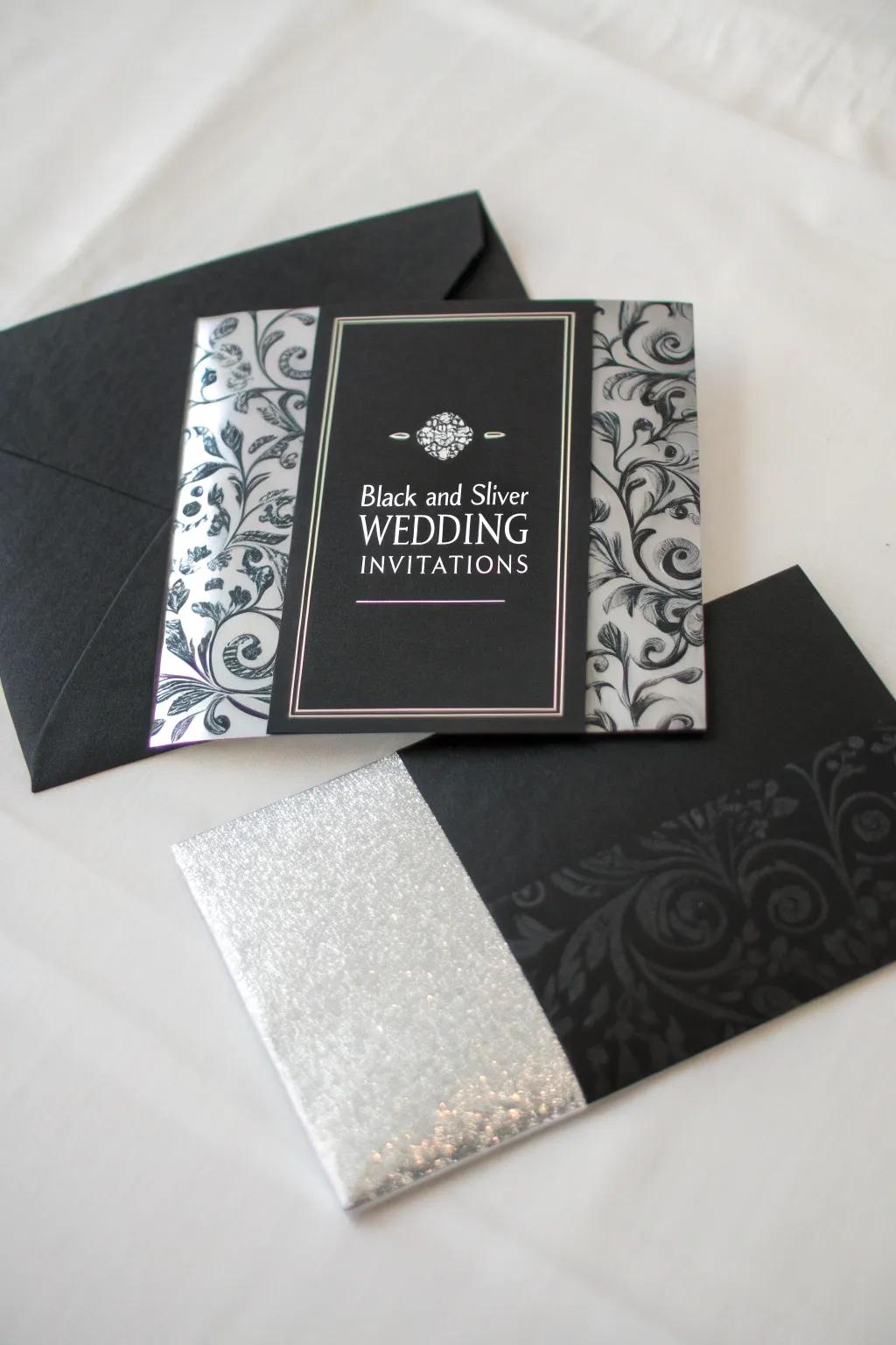 Refined wedding invites in shadow and shimmer.