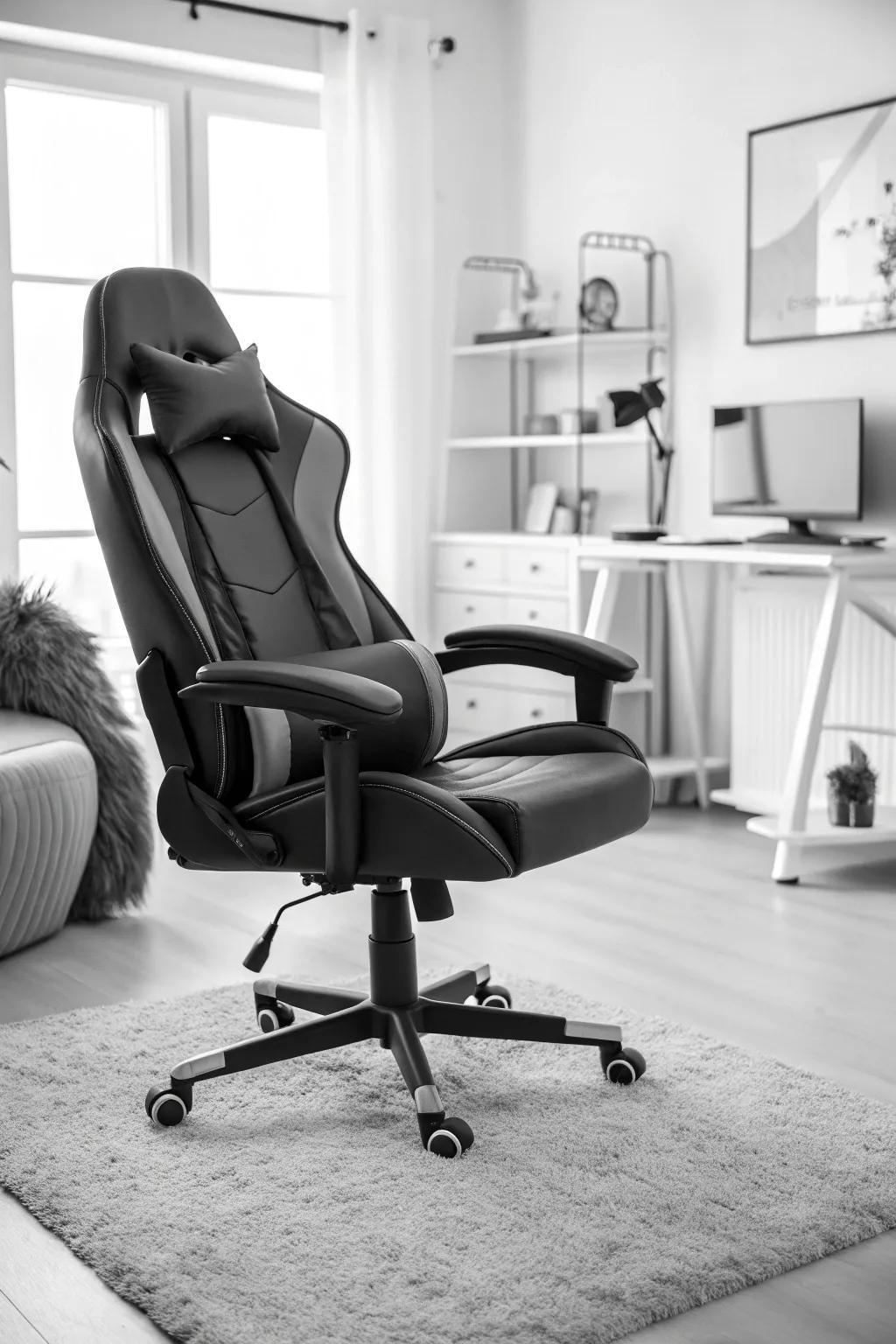 A comfortable ergonomic chair complementing a sleek gaming environment.