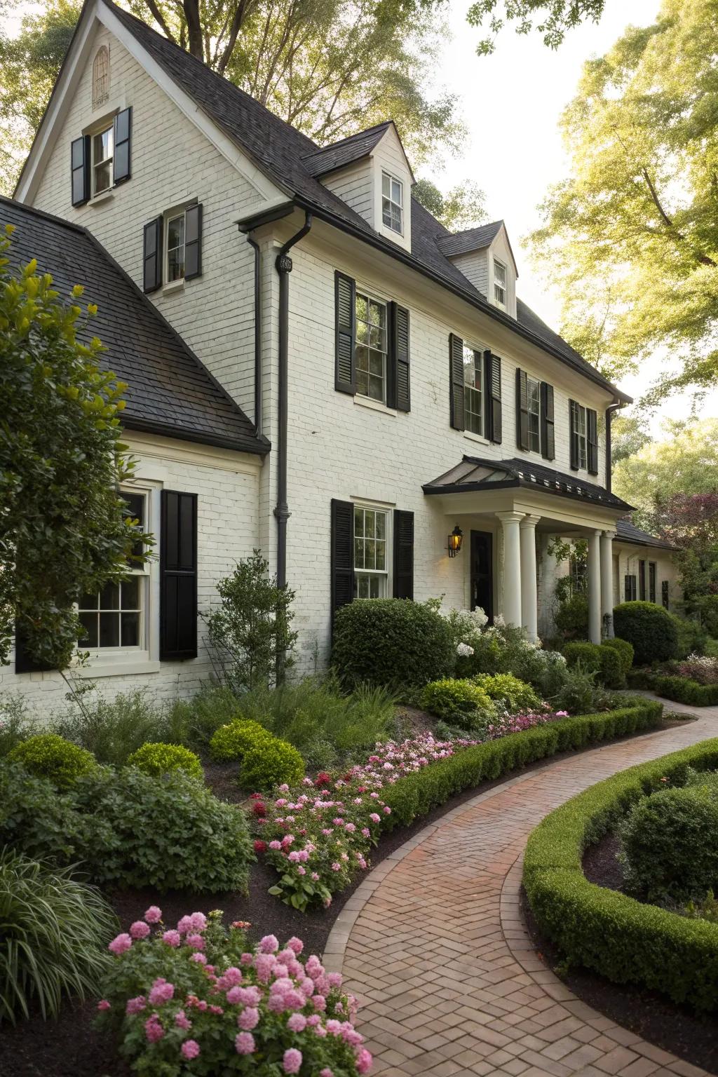A traditional home showcasing white brick and contrasting black window coverings.