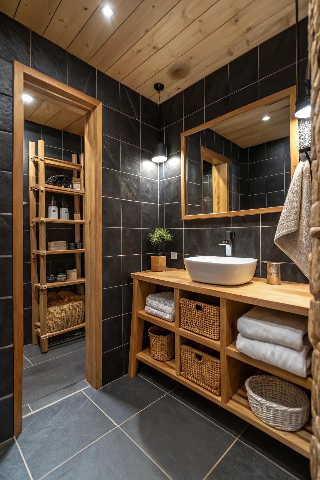 Timber elements infuse a sensation of warmth within an ebony bathroom theme.