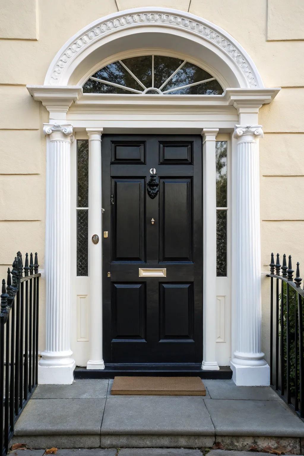 A bold black door beautifully framed by contrasting white trim.
