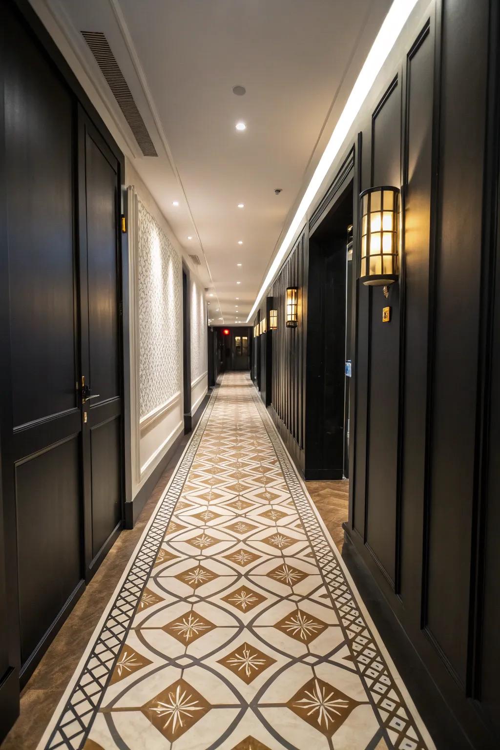 Contrasting flooring highlights the charm of a dark entryway.