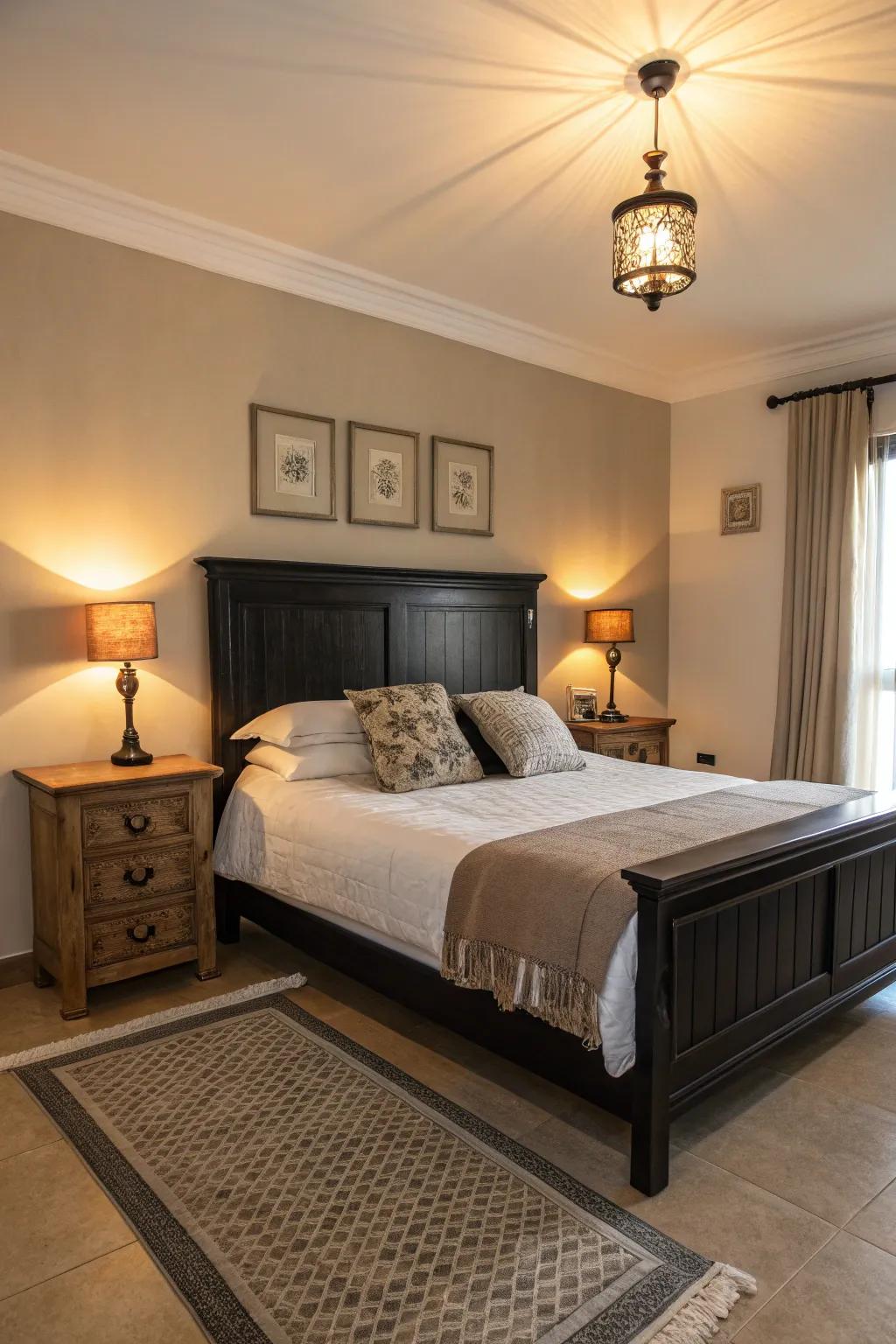 Elegant bedroom featuring a classic dark wood headboard