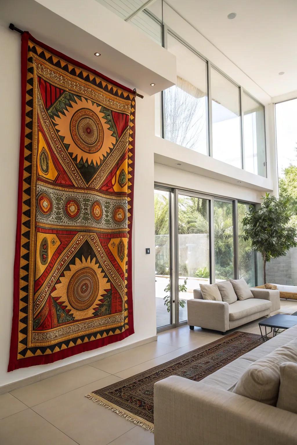 A wall hanging with striking ethnic patterns lends depth.