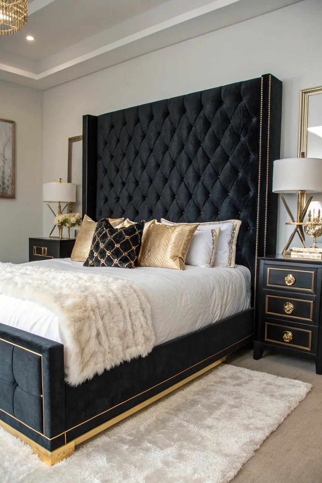 Plush bed panels convey a sophisticated impression to a bedroom featuring an obsidian scheme.