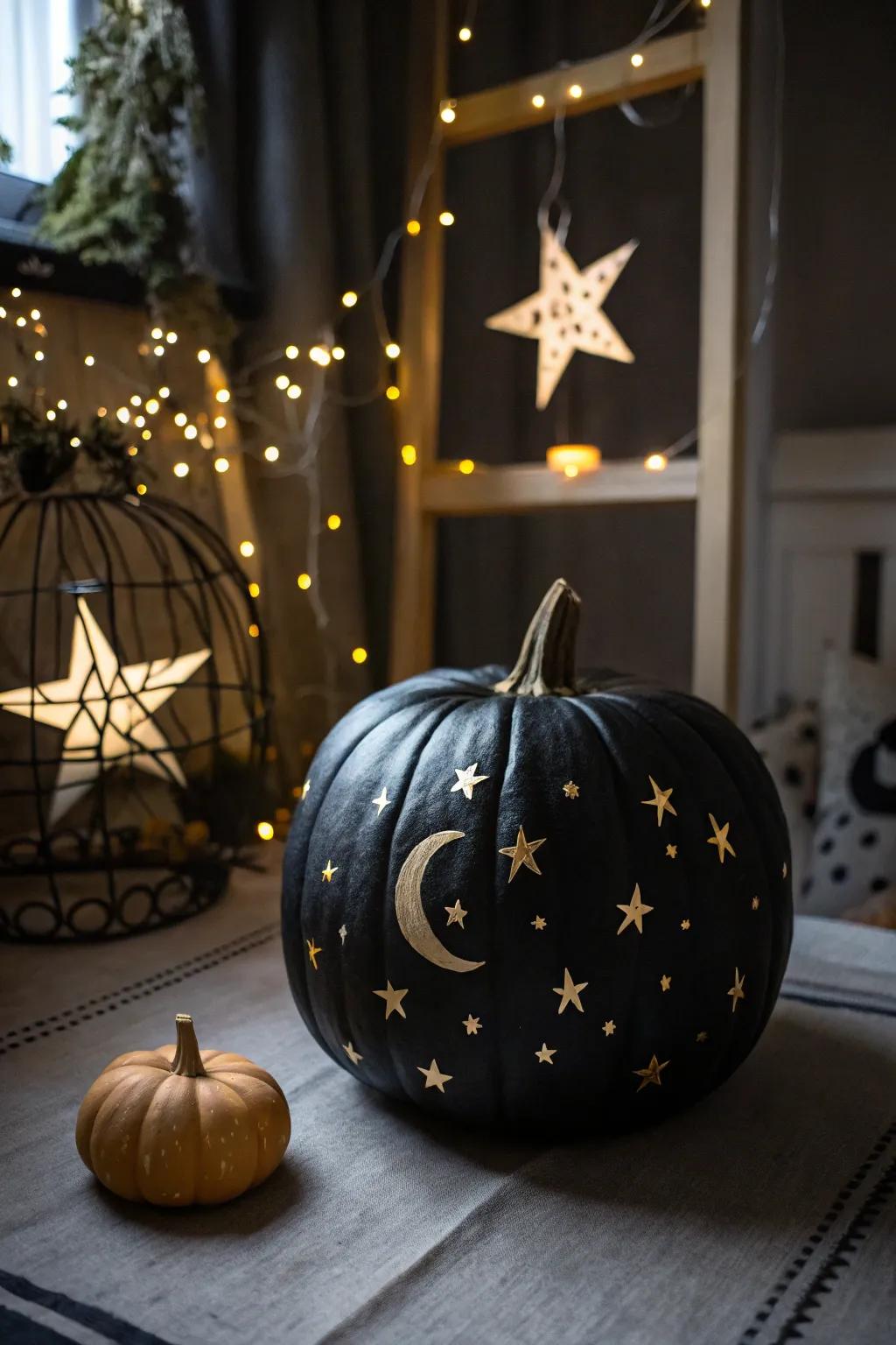 A mystical black pumpkin decorated with moon and stars, ideal for celestial-themed décor.