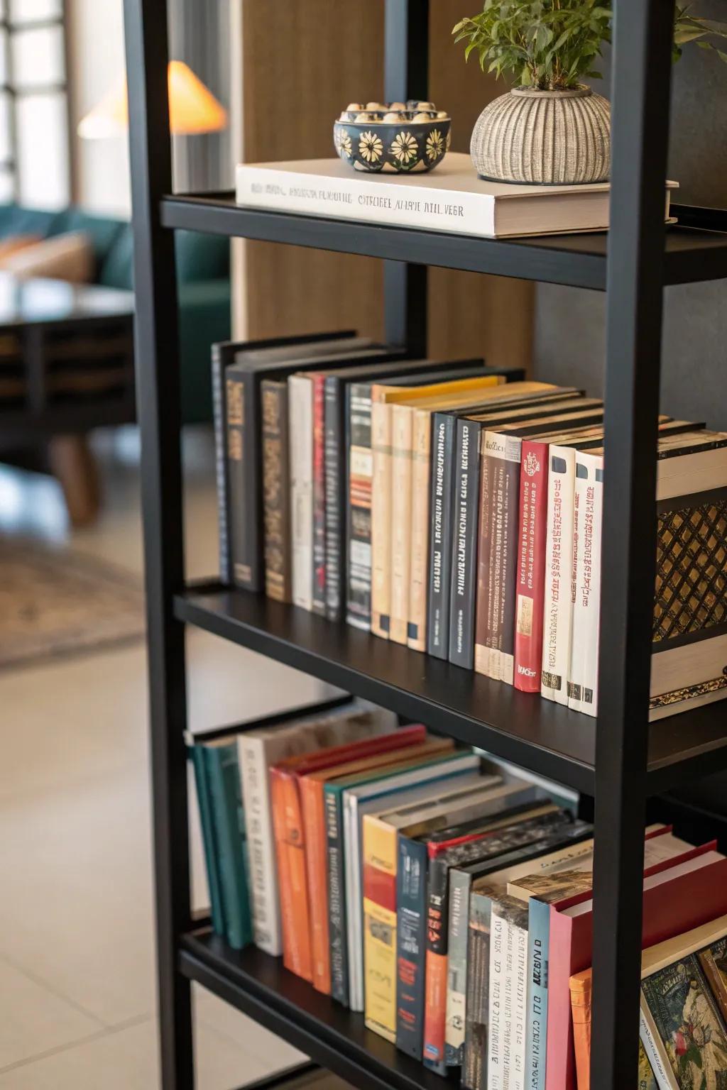 Ingeniously arranged volumes on a dark-colored shelf, enhancing richness and allure.