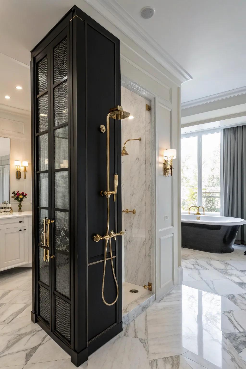 Gleaming accents inject a hint of opulence into ebony bathing spaces.