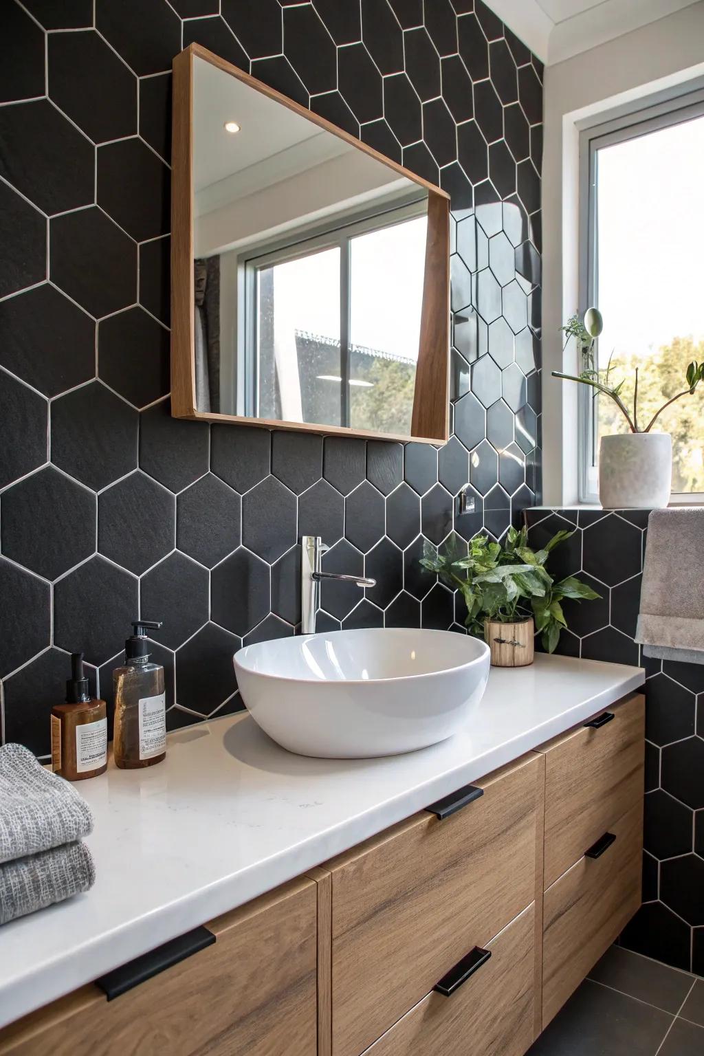 A bold dark polygon backing that provides a geometric aspect to the bathroom.