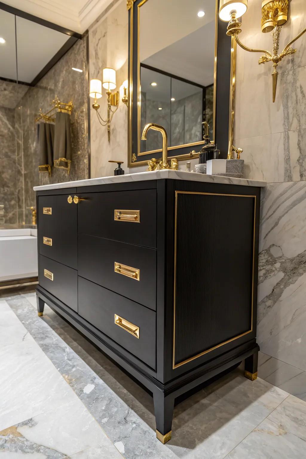 Gleaming details against a dark sink console bring a hint of glamour and elegance.