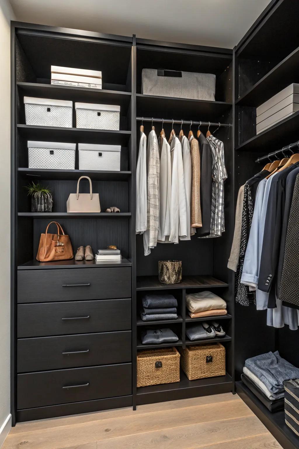 Clever storage solutions ensure this walk-in closet remains impeccably organized and stylish.