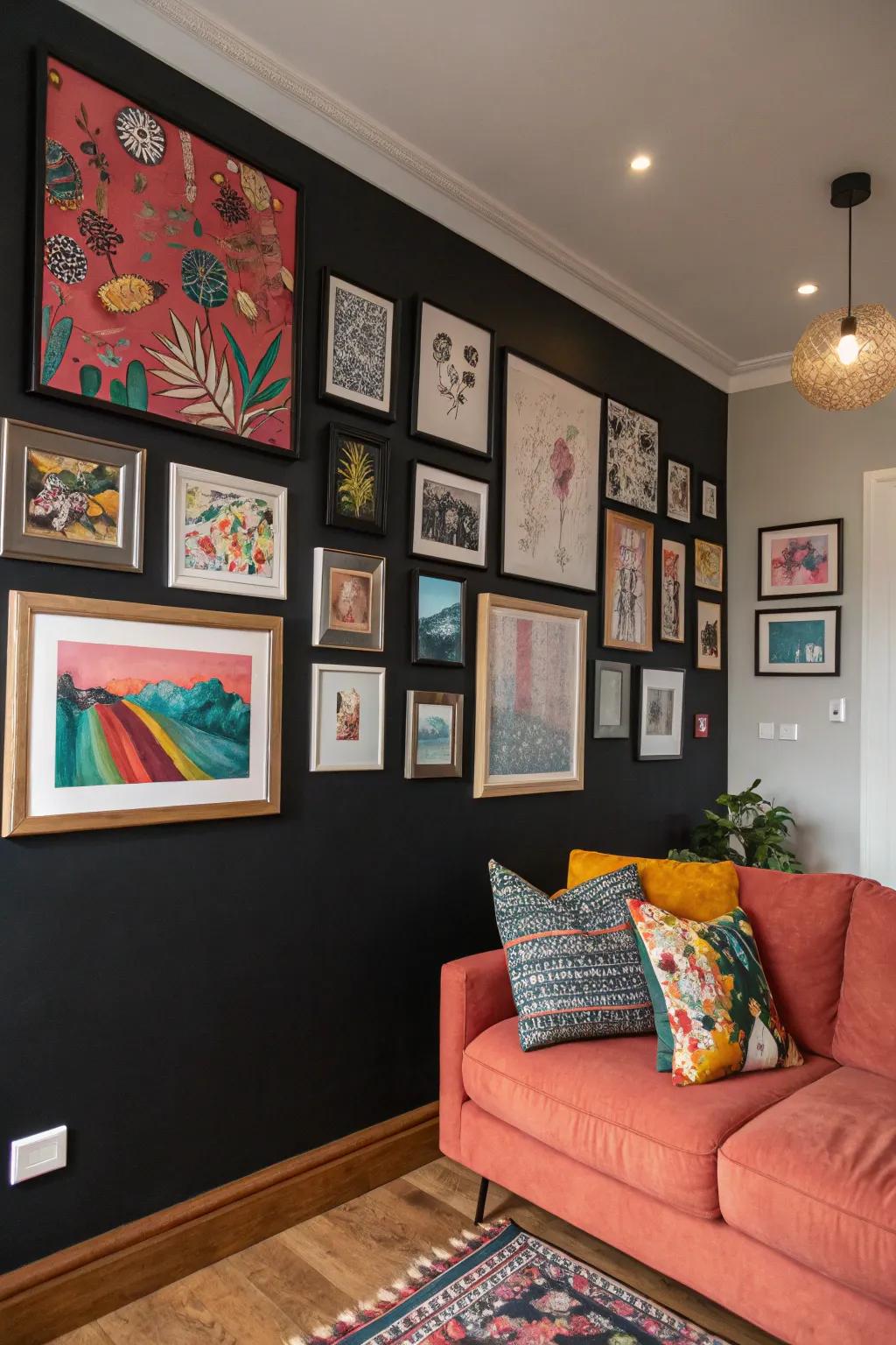 A dark wall exquisitely decorated with vibrant artwork.
