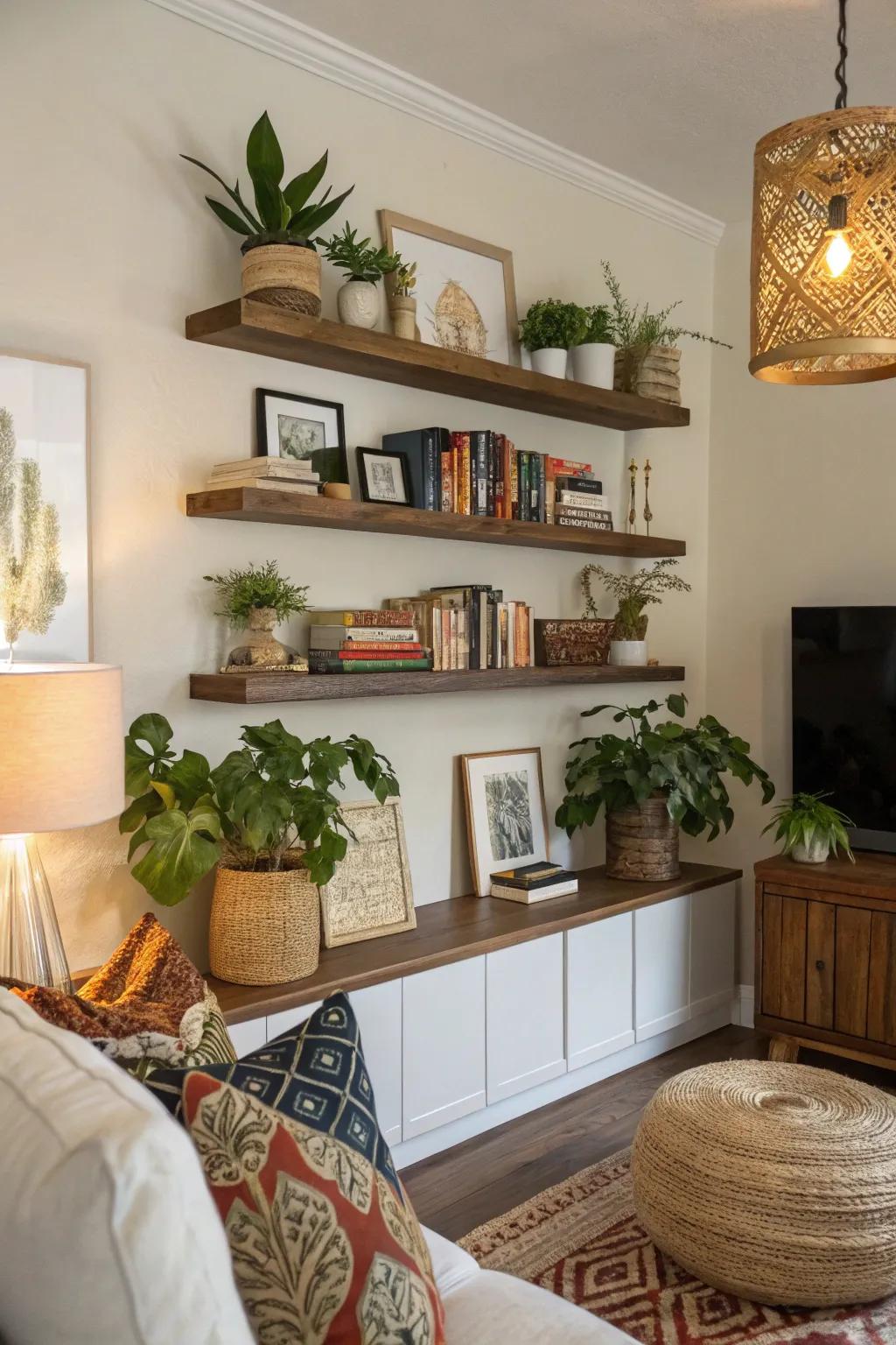 Enhance visual appeal with floating shelves.
