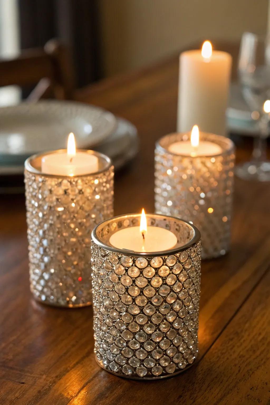 Candle stands that gleam softly in the candlelight.