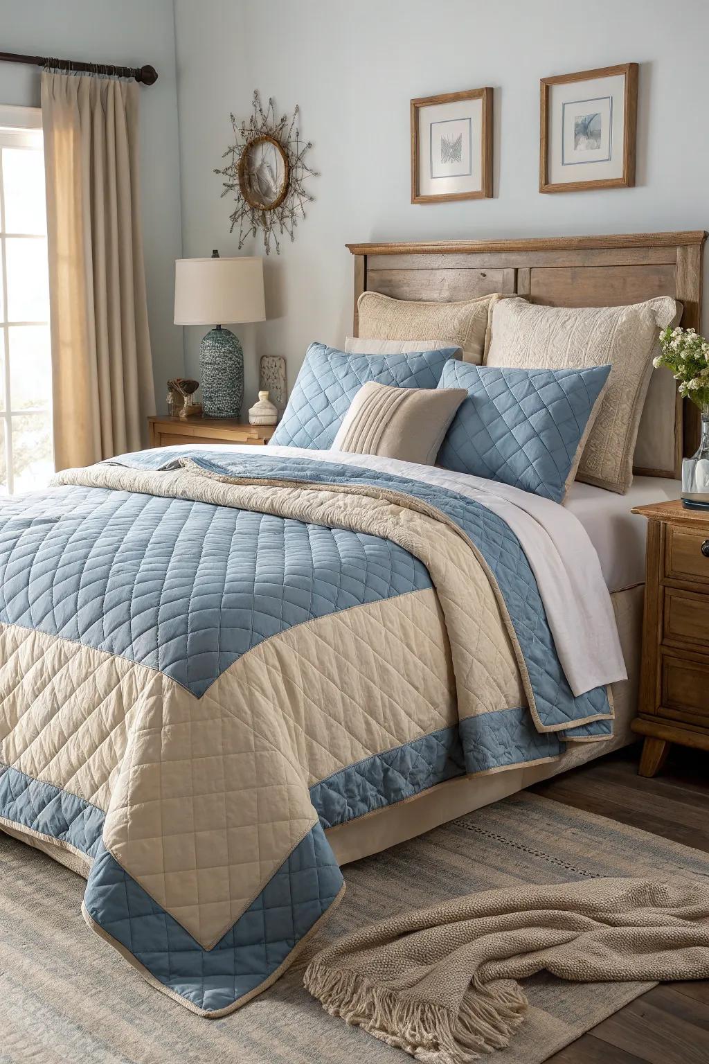 Multi-layered bedding in beige and azure introduces comfort and richness.