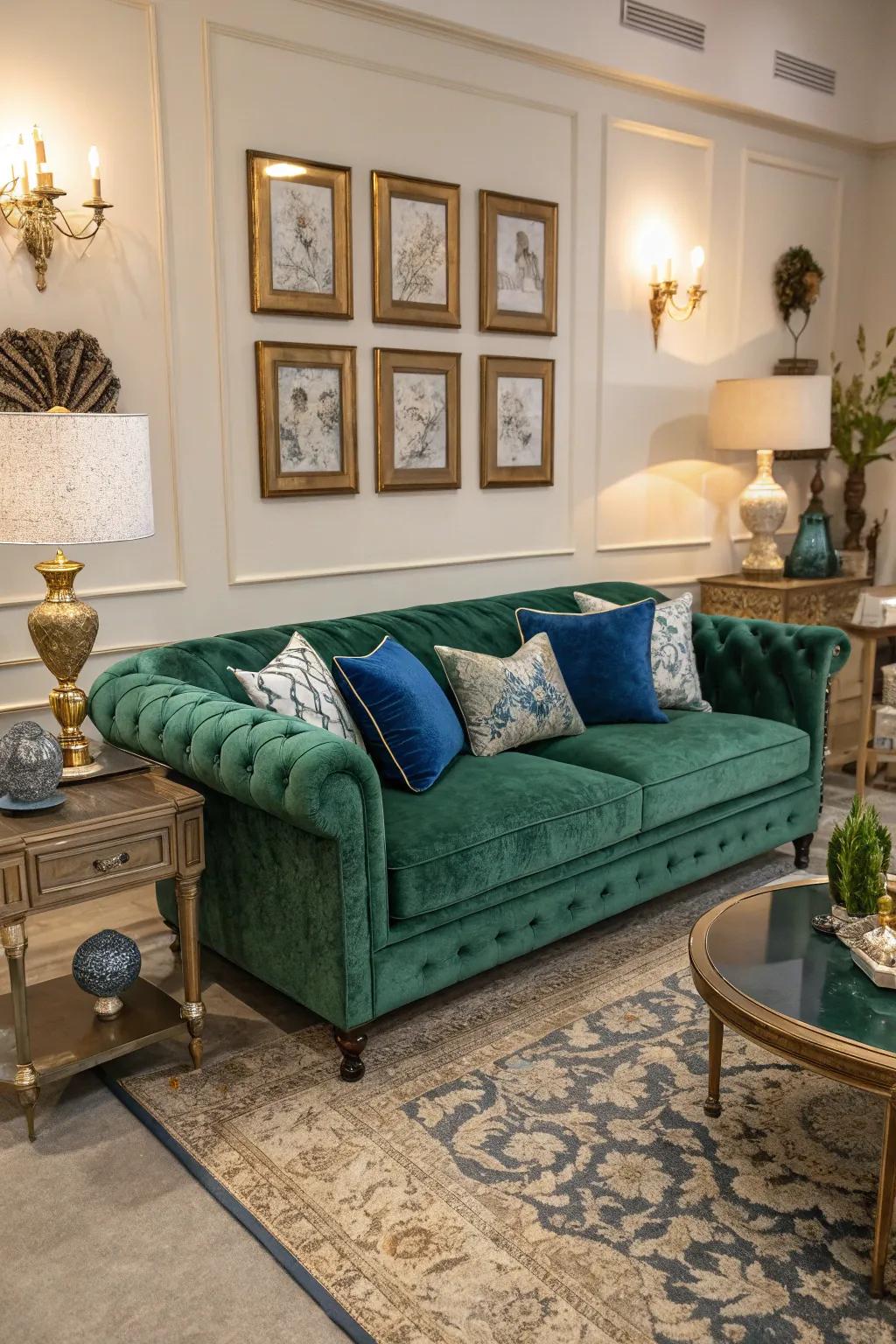 A verdant velvet couch contributes a sensation of opulence and ease.
