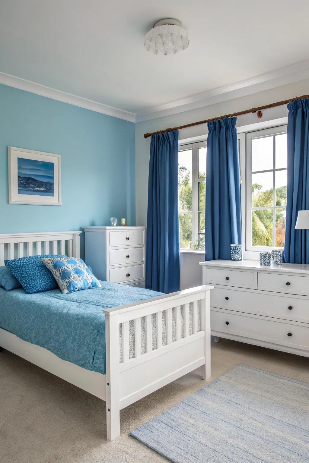 Elegant white furnishings beautifully complement the gentle blue hues in this bedroom.