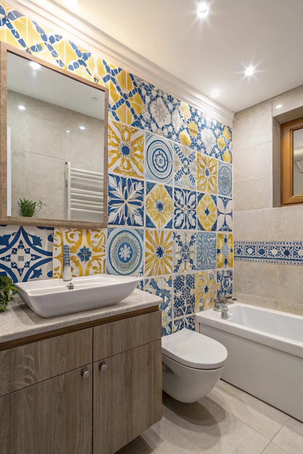 Accent tiles enrich a blue and yellow bathroom with texture and visual interest.