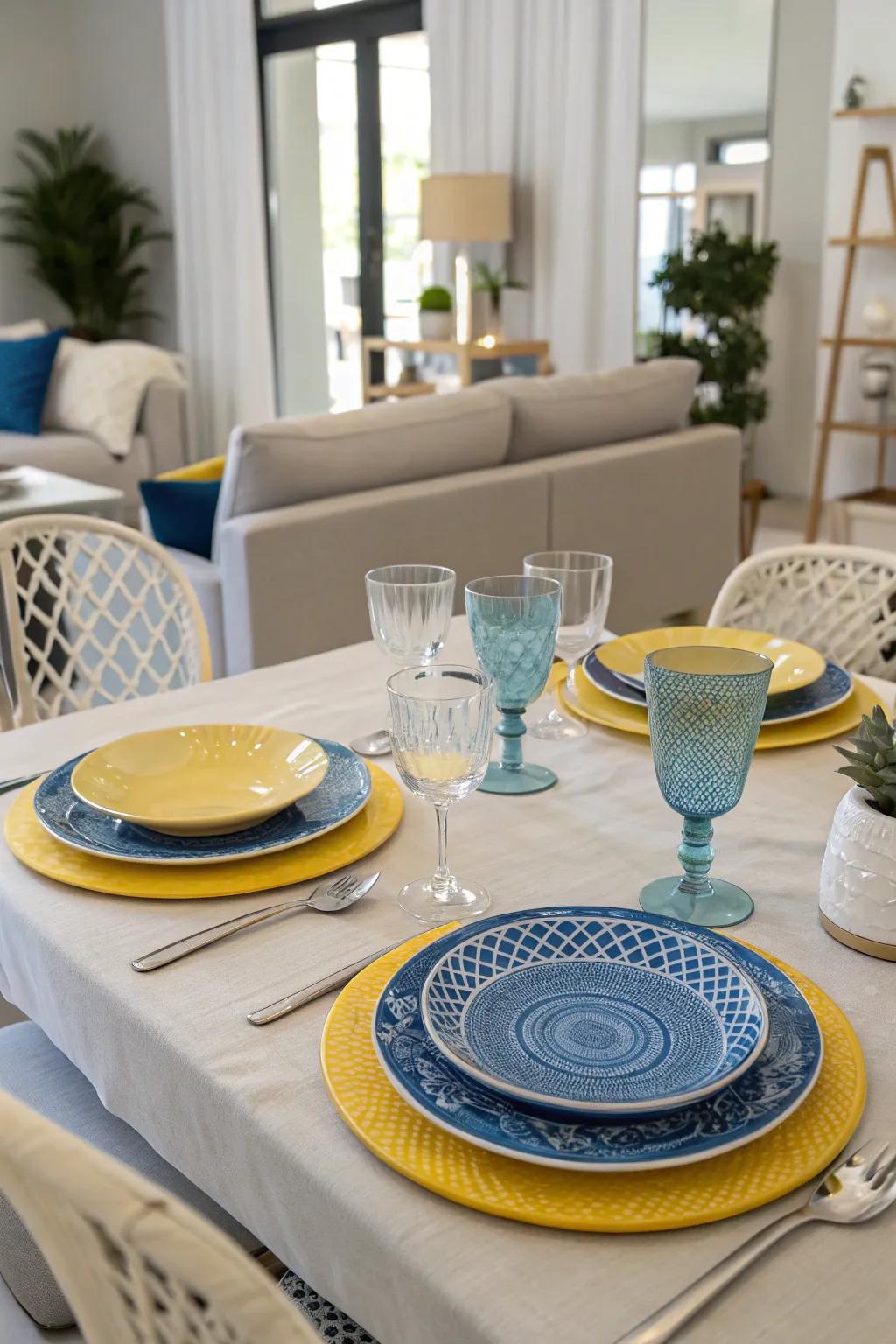 A dining table adorned with sea and lemon dinnerware for a delightful dining atmosphere.