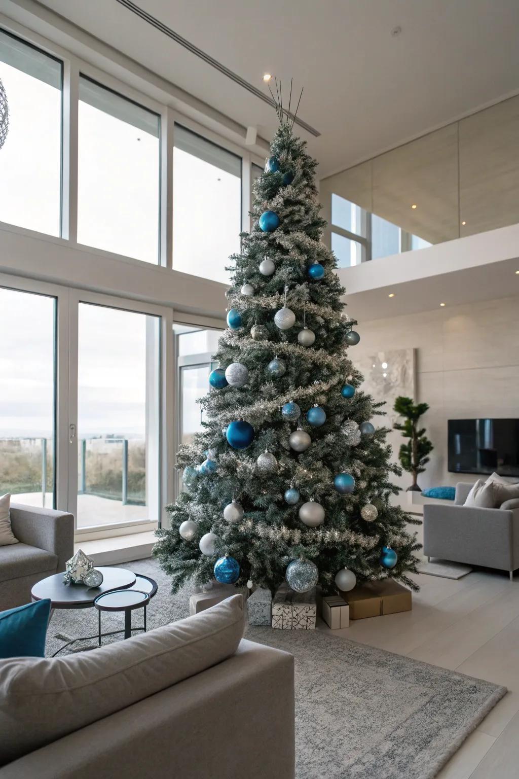 A glamorous combination of blue and silver on a Christmas tree.