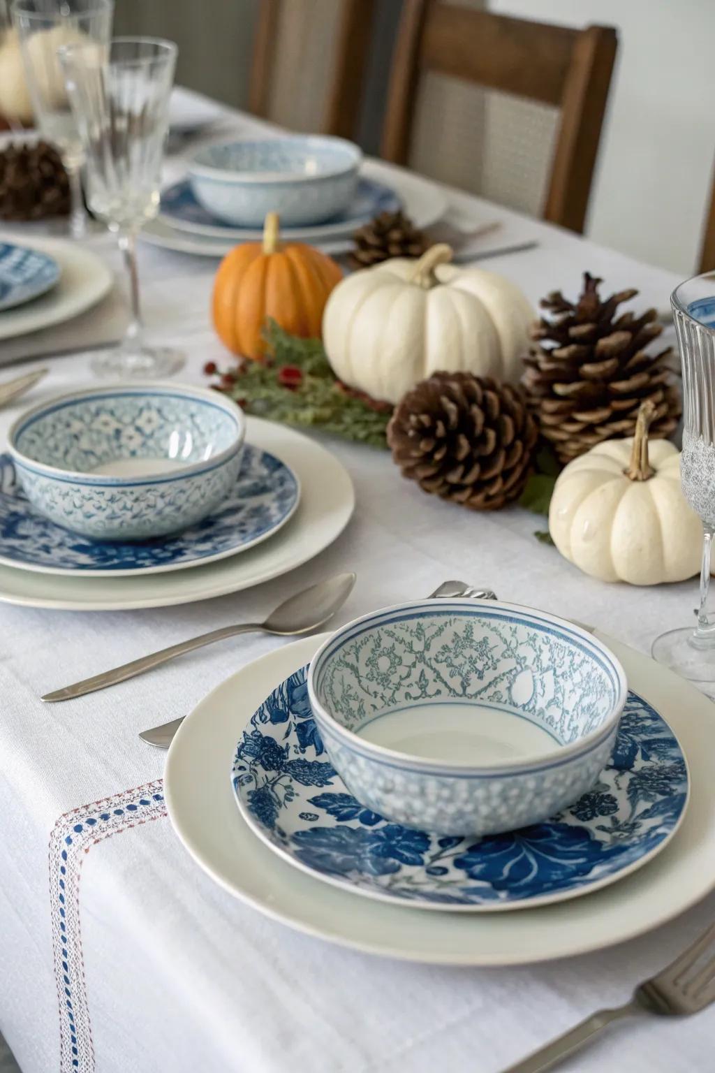 A beautifully arranged table showcasing blue and white elements for fall.