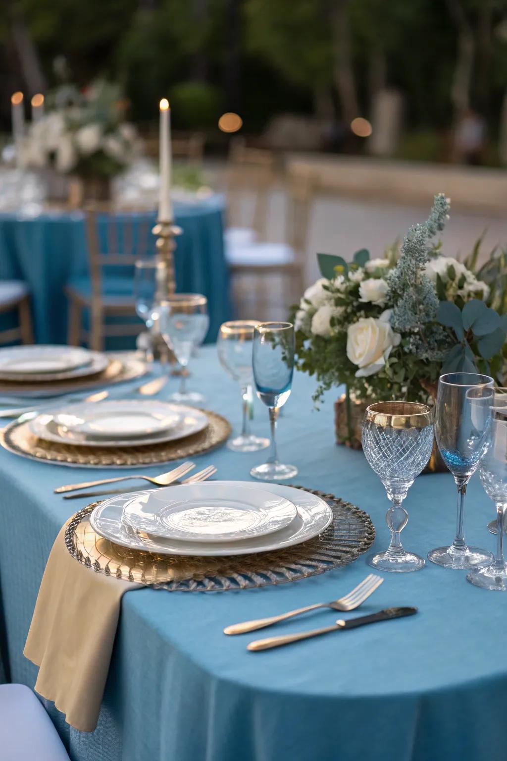 An elegant azure-themed table setting prepared for an upscale gathering.