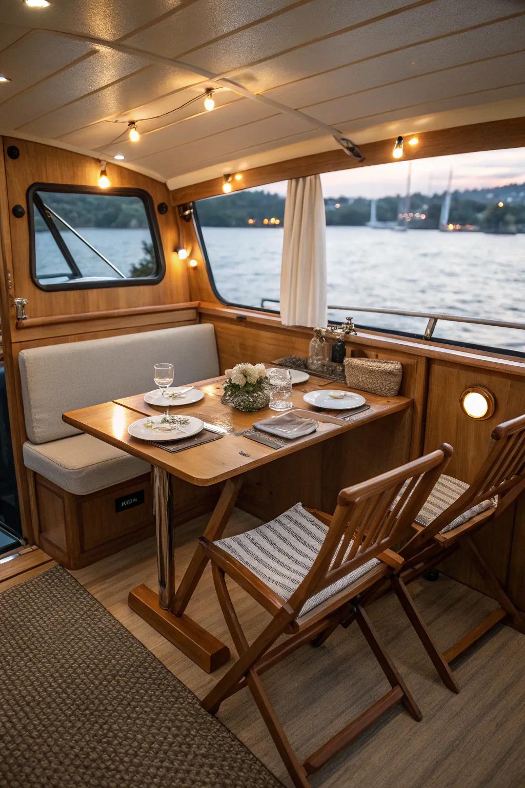 Small dining space featuring a foldable wooden table on a boat.