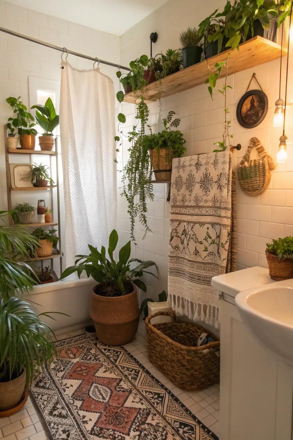 A boho bathroom haven filled with vibrant greenery.