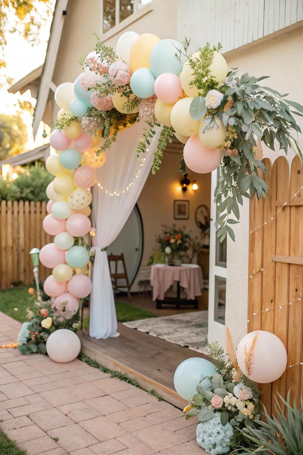 A balloon garland in gentle tones establishes an enchanting atmosphere.