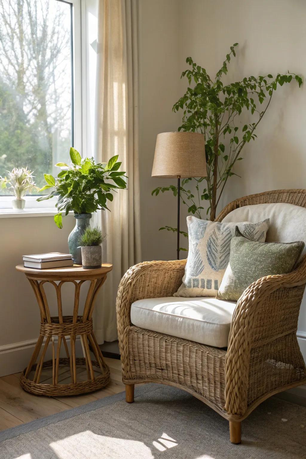 A snug corner highlighting a wicker seat and natural touches.