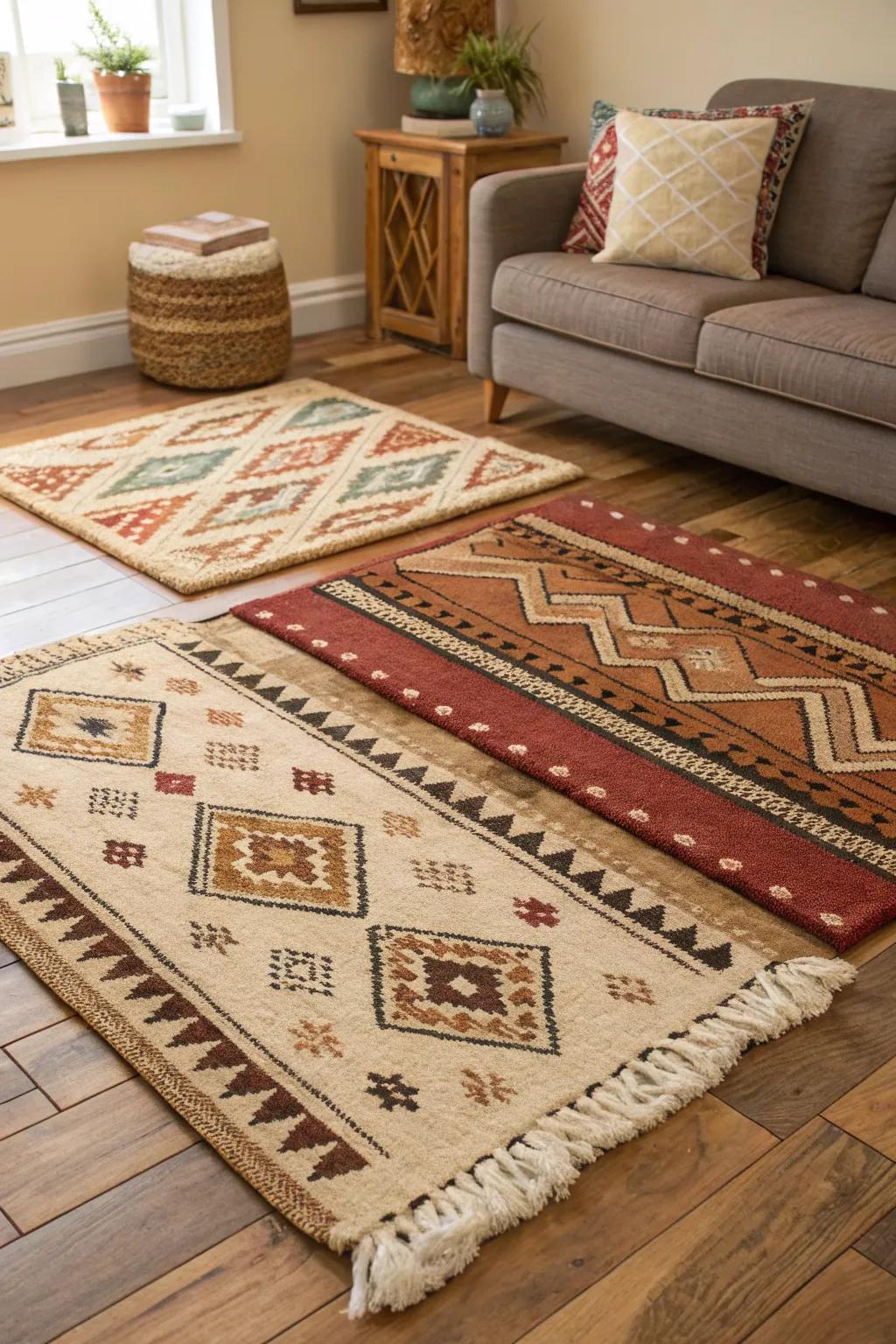 Overlapping floor coverings deliver depth and comfort to a boho glam lounge.