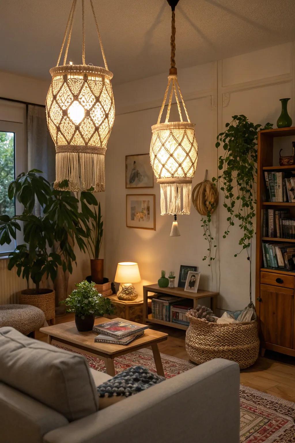 Knotted cord lanterns enrich the texture of a bohemian living space.