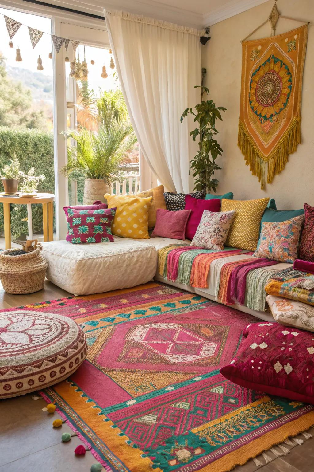 Hue and patterns breathe vitality into your boho refuge.