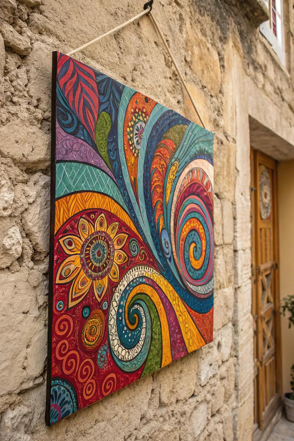 An abstract boho painting that invites viewers into a realm of imagination and color.