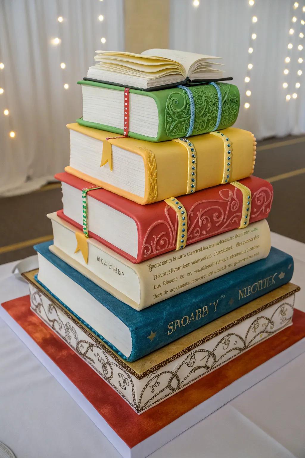 A cake that mirrors a collection of beloved books.