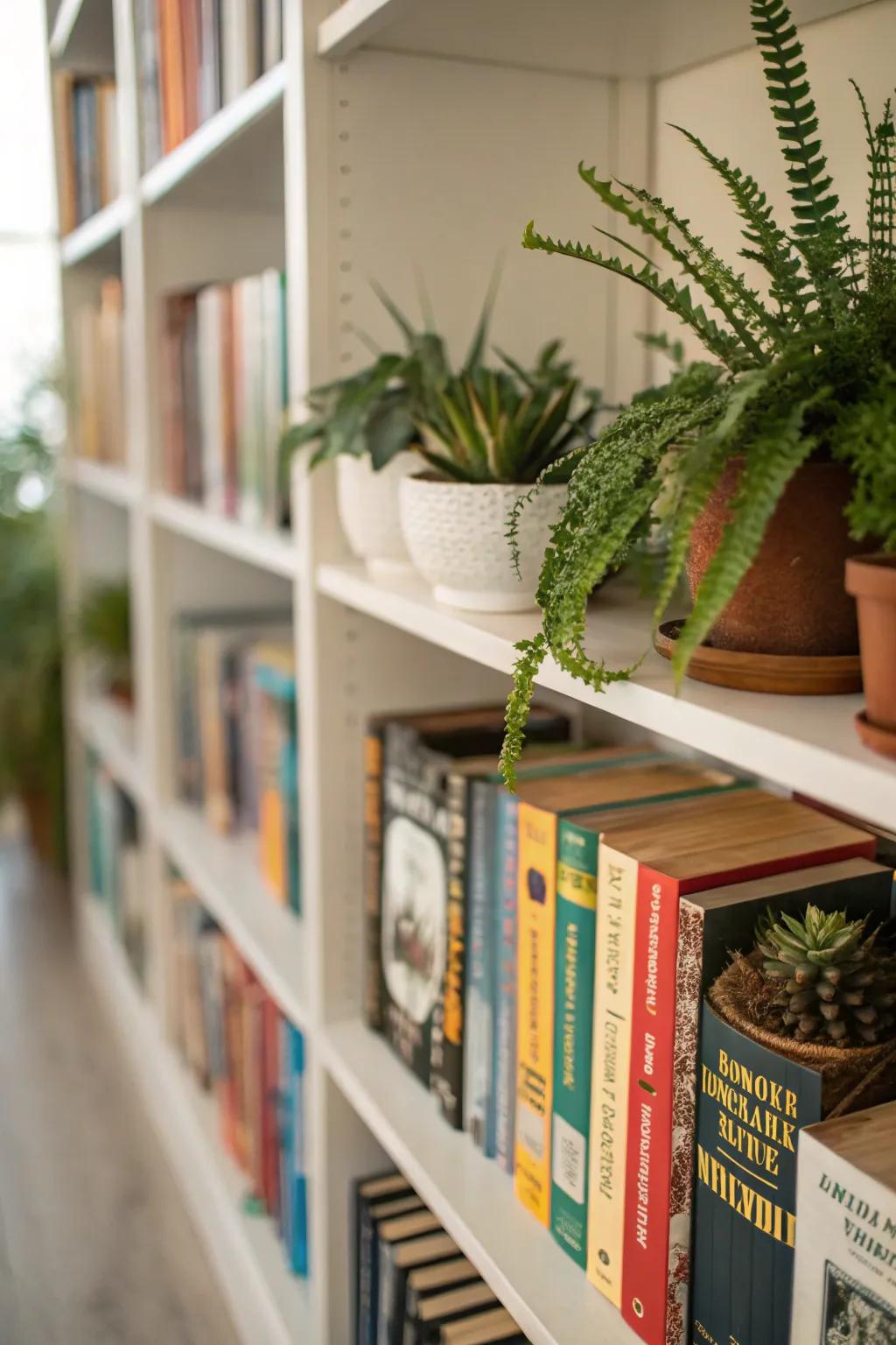 Bookshelves enlivened by the addition of small plants and green elements.