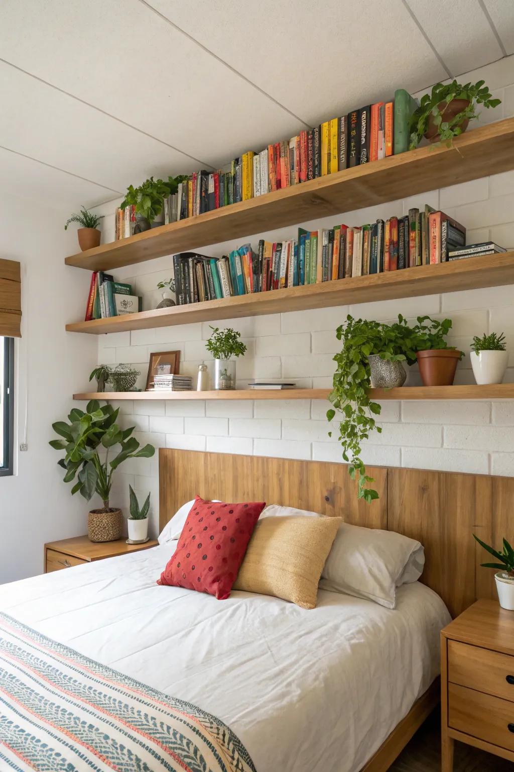 Wall-mounted shelves that impart sophistication and practicality above the bed.