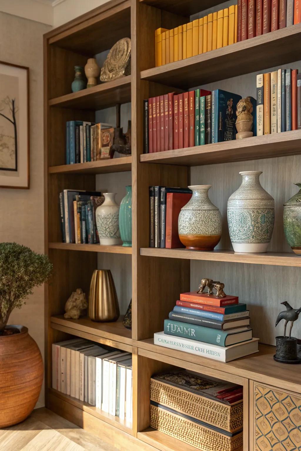 Infuse your shelves with character through decorative items placed amongst your books.
