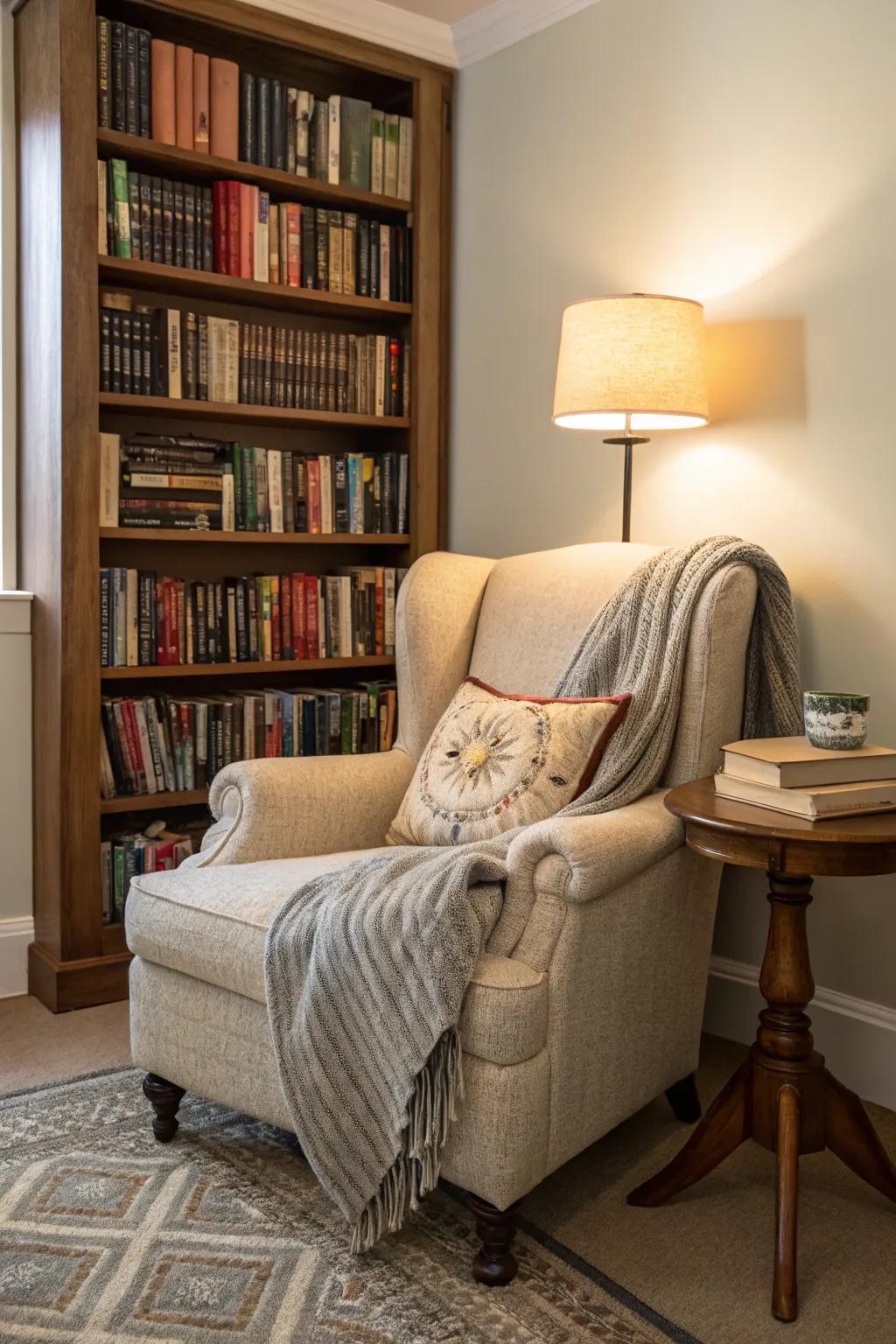 An inviting reading corner nestled by the bookshelf wall.