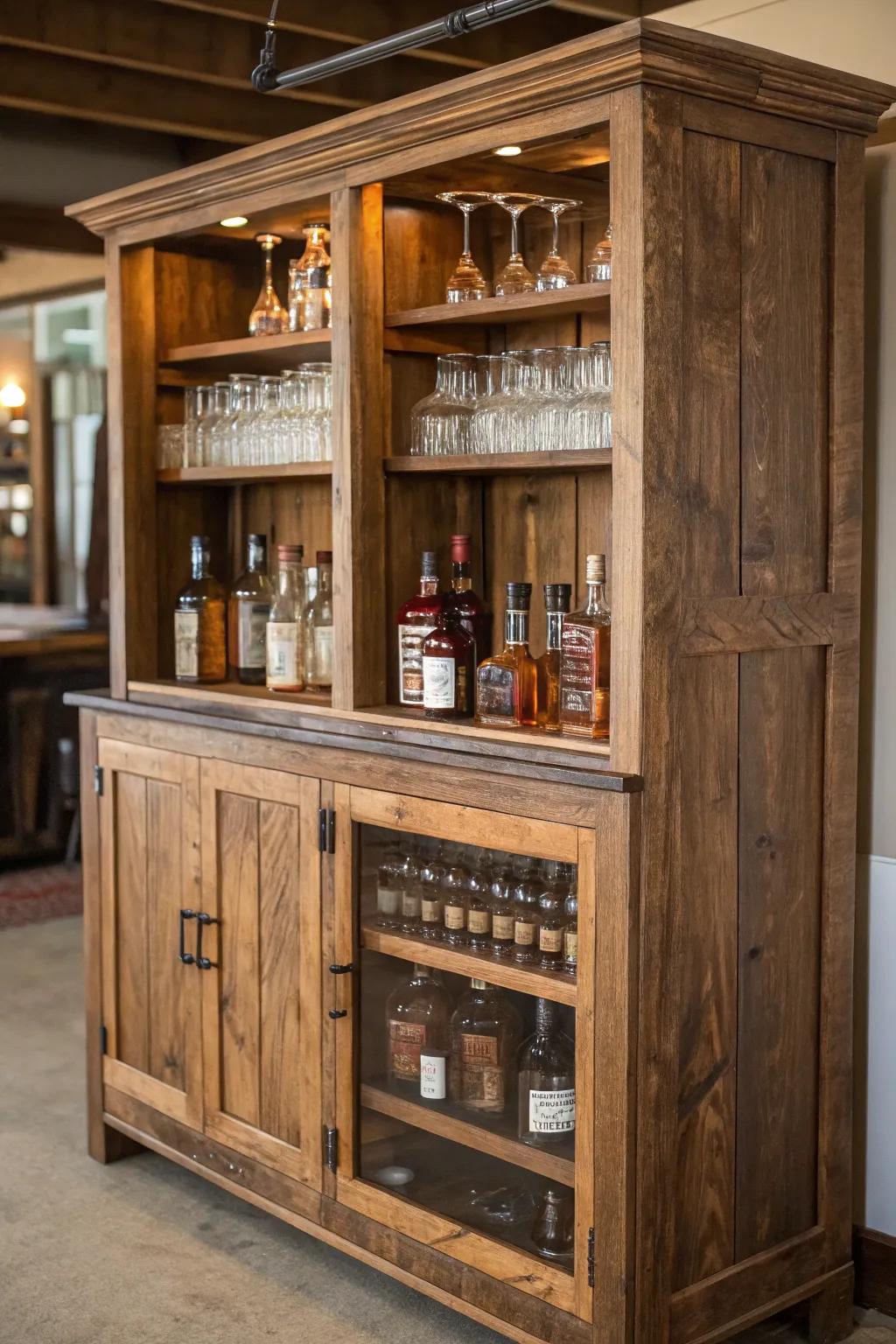 Transform an old entertainment center into a functional bourbon cabinet.