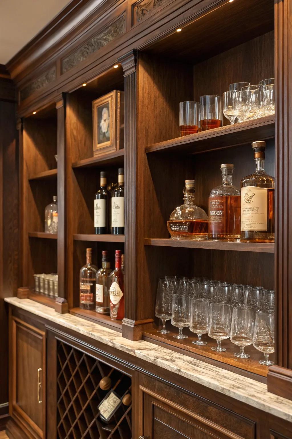 Shadowy timber shelving elegantly presents a bourbon selection.