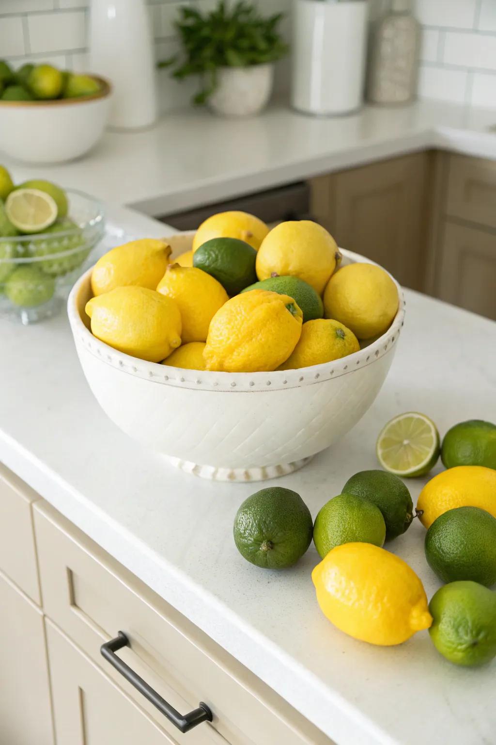 A ceramic bowl bursting with cheerful lemons and limes