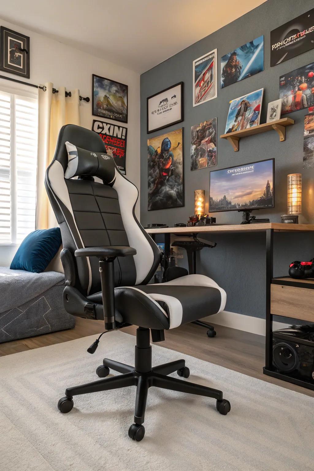 A contoured gaming seat provides unparalleled comfort and elevates the aesthetic appeal.