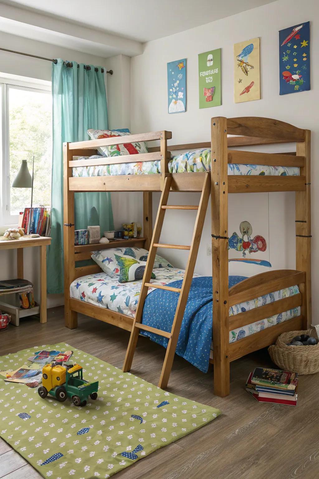 Bunk beds effectively use vertical space for sleeping and recreational activities.